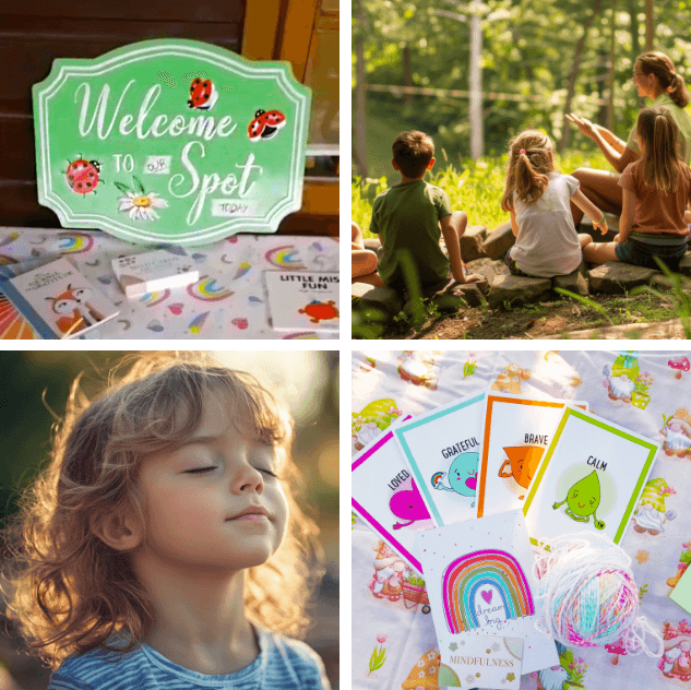 Collage of mindfulness sessions for children aged 3 to 6: welcome sign, group in nature, child meditating, and emotion cards – Little Dreamers Place in Wimbledon Park, London
